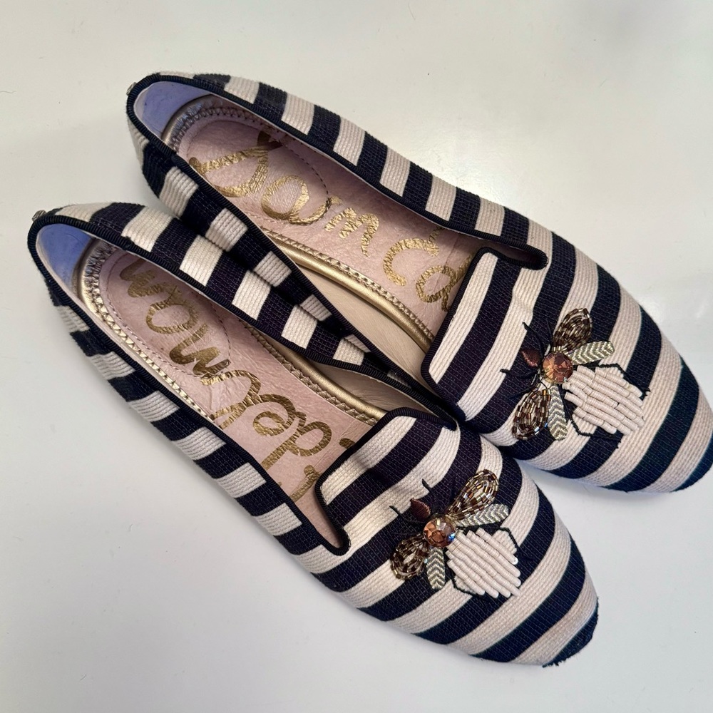 Sam Edelman Striped Flats - Embroidered Bee Black & White dressy shoes